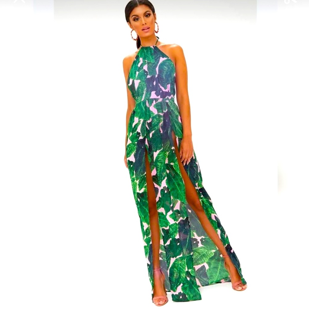 PrettyLittleThing Green and White Tropical Backless Halter Maxi Dress